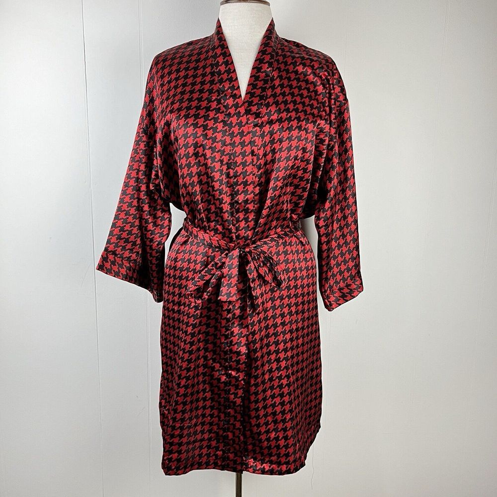 Victoria's‎ Secret Satin Robe Womens M Black Red Houndstooth Vintage